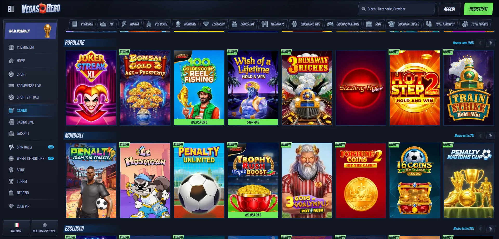 VegasHero Casino vasta libreria di slot machine e giochi da tavolo