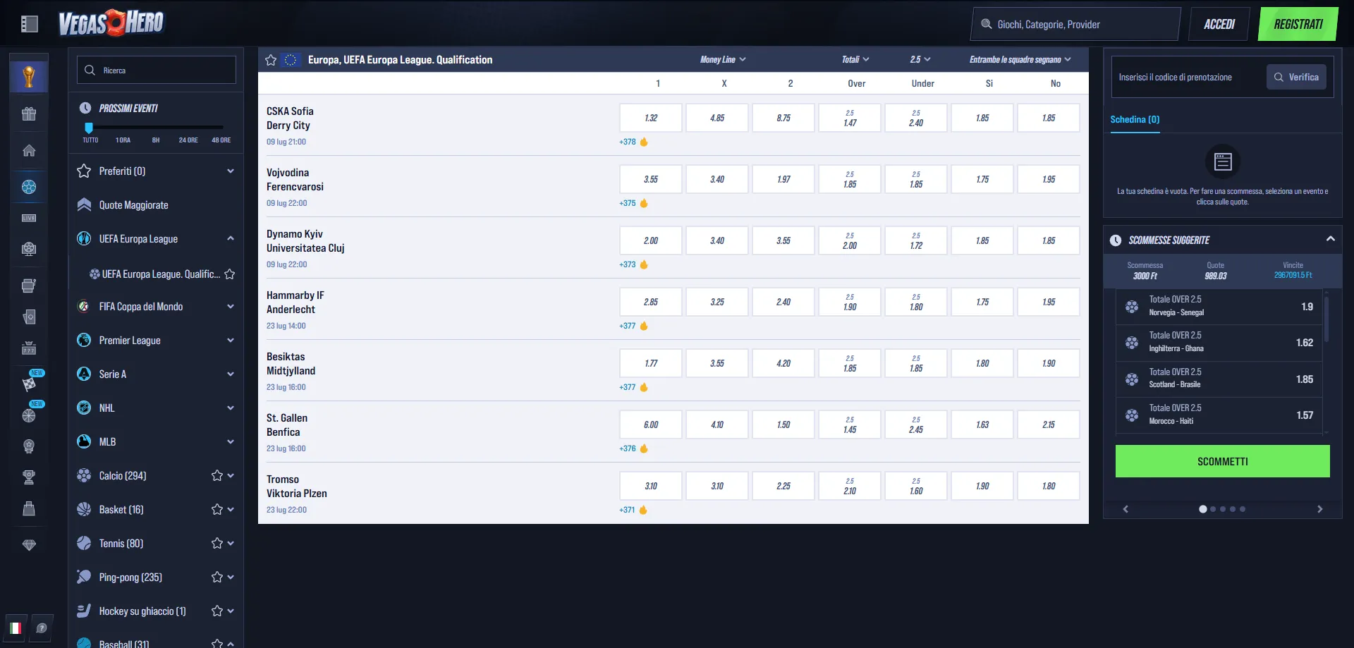 VegasHero Casino scommesse sportive quote e mercati disponibili
